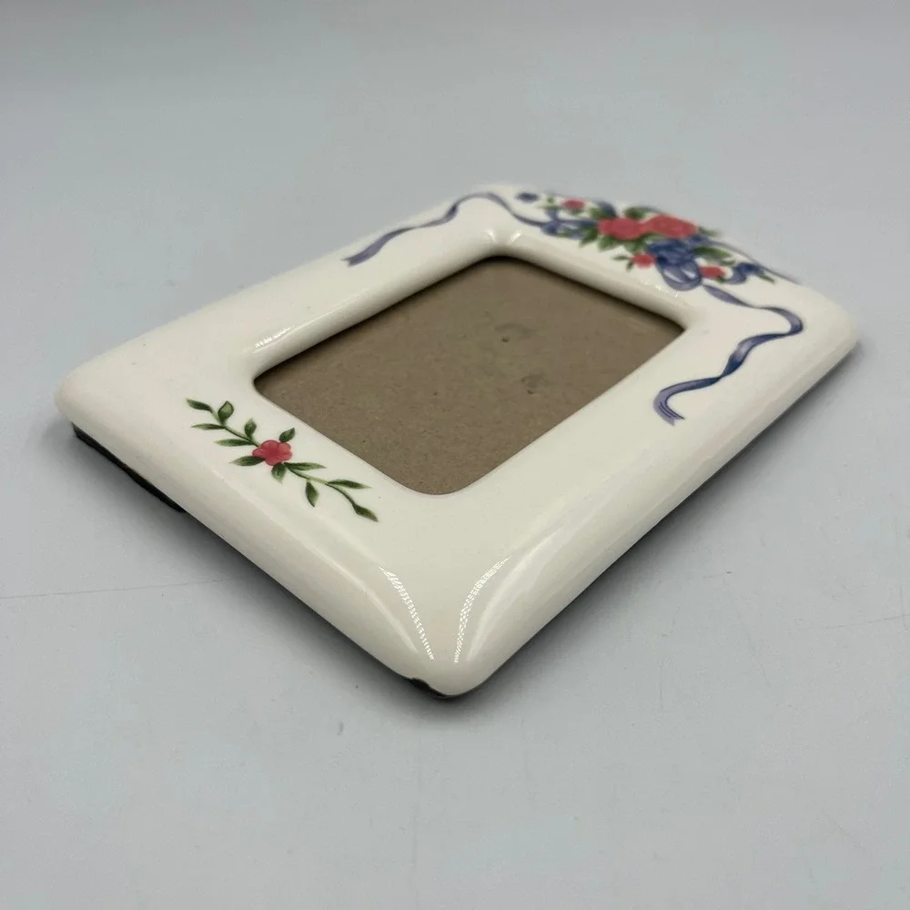 Vintage Ceramic Picture Frame White Floral Ribbon Small Tabletop Excellent